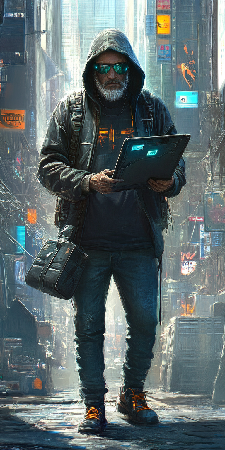 A street hacker with military laptop in futuristic city.