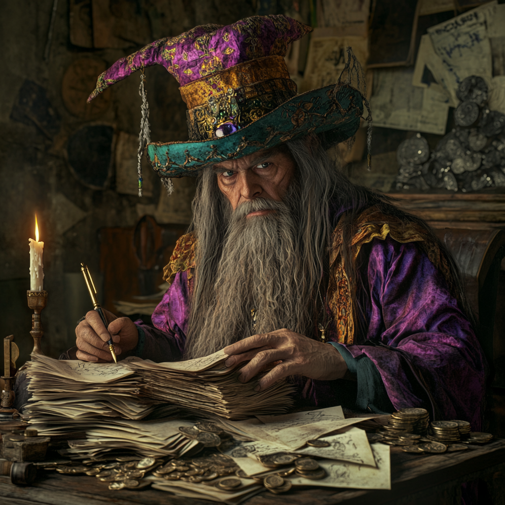 A stressed wizard in dusty room, sorting papers