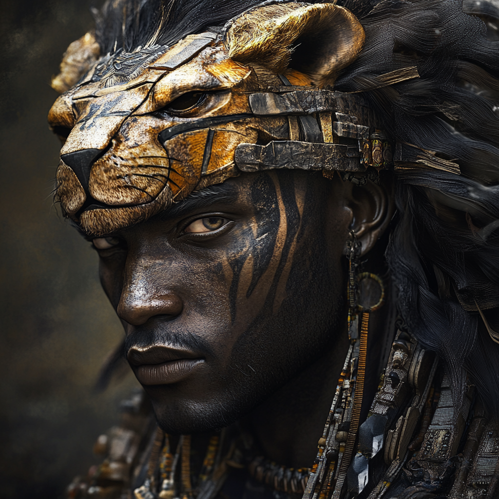 A strong African warrior with lion head dress