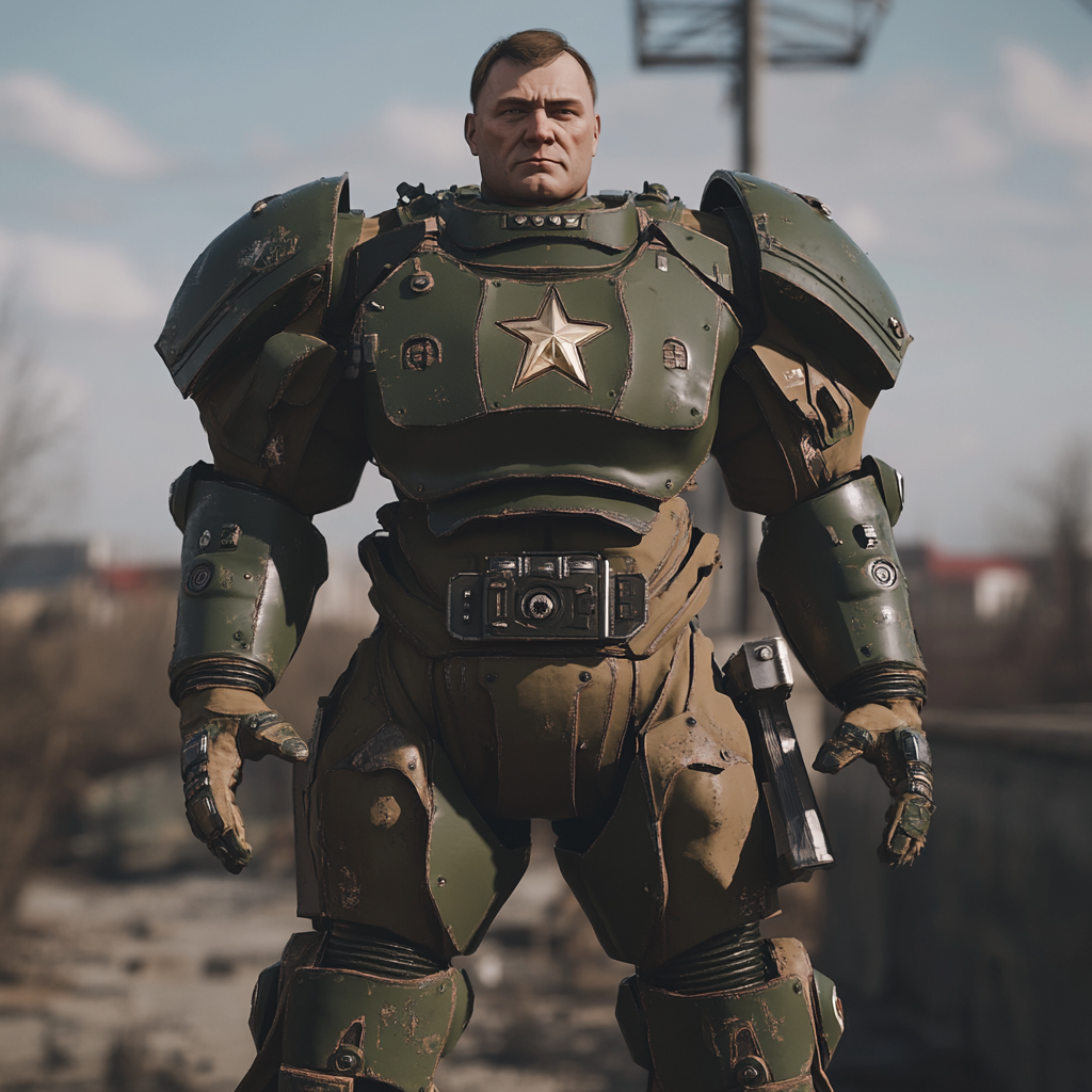 A strong Russian soldier in futuristic WW2 armor