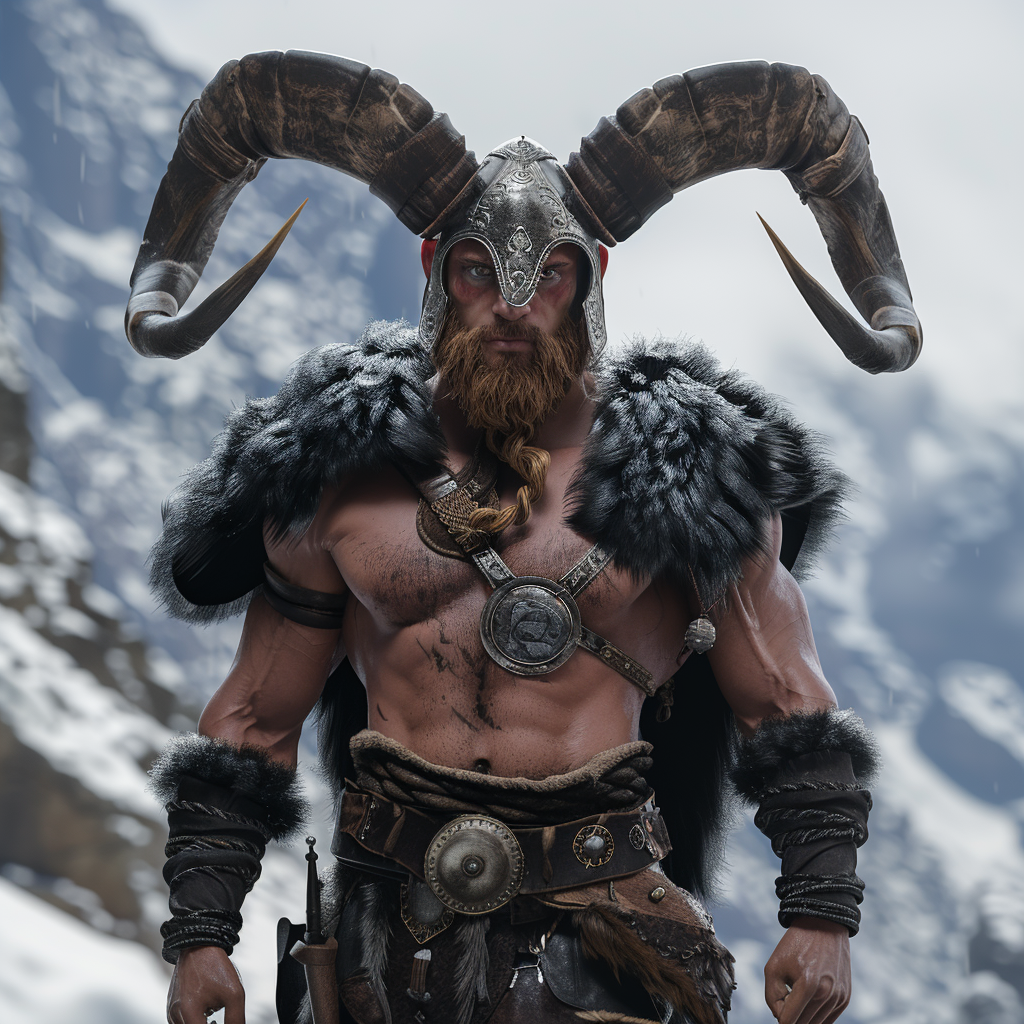 A strong Viking warrior with carabao horns, ultimate strength