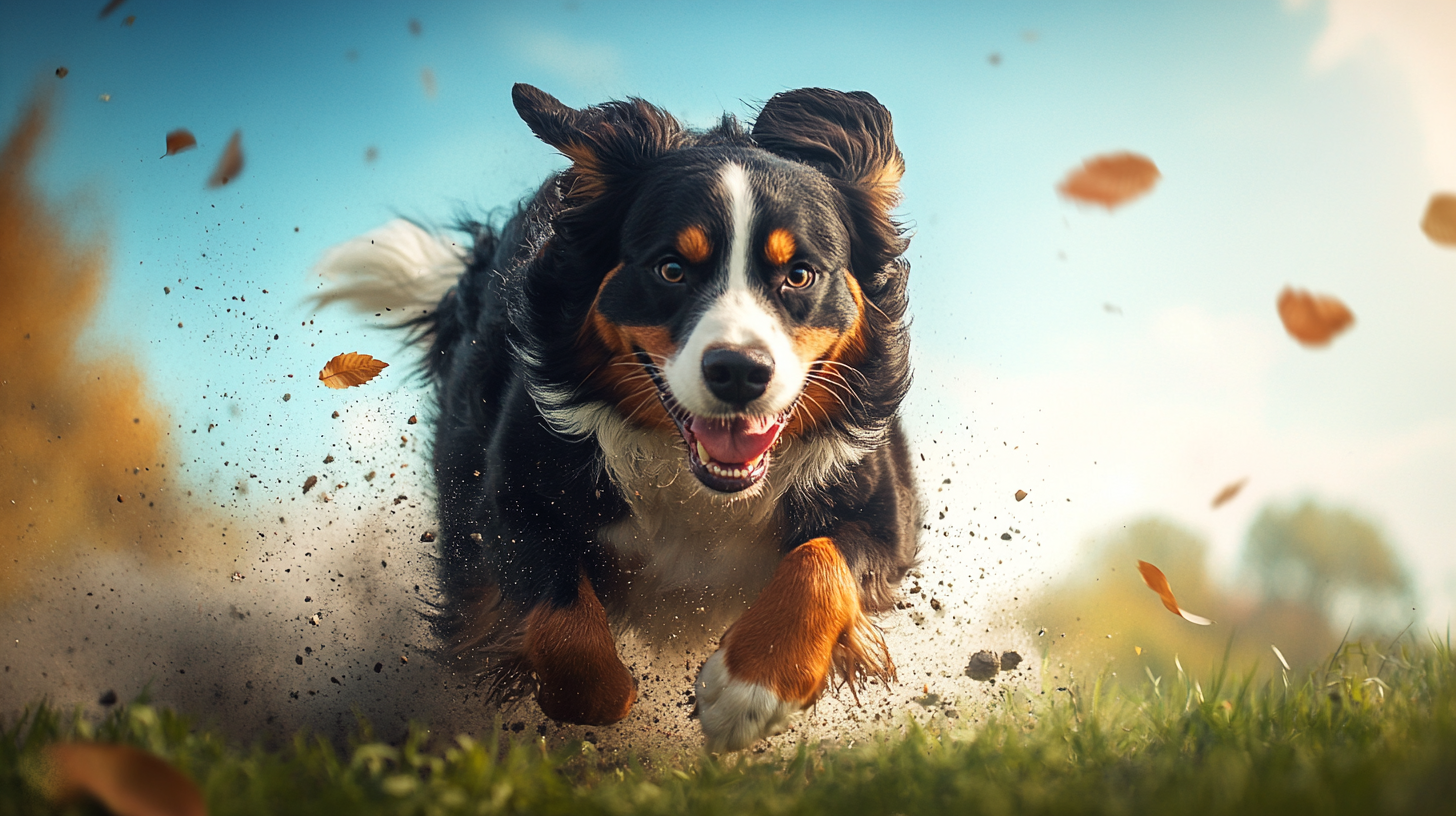 A strong bernese dog jumping rocks heroically.