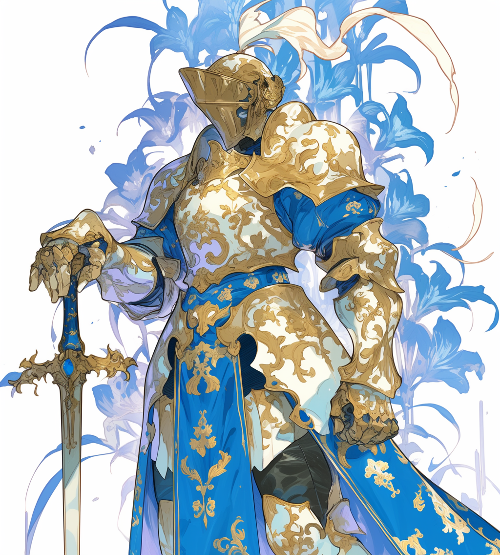 A strong knight in blue and gold armor.