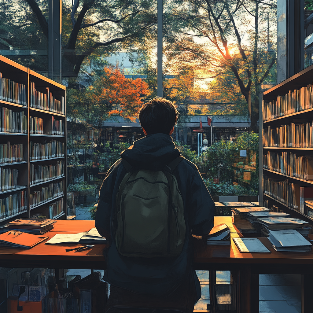 A student studying in library with sunset view.