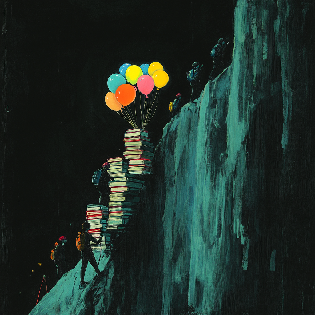 A student with balloons effortlessly climbs dark, steep mountain.