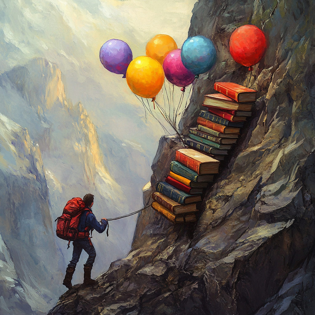 A student with balloons floats up the mountain.