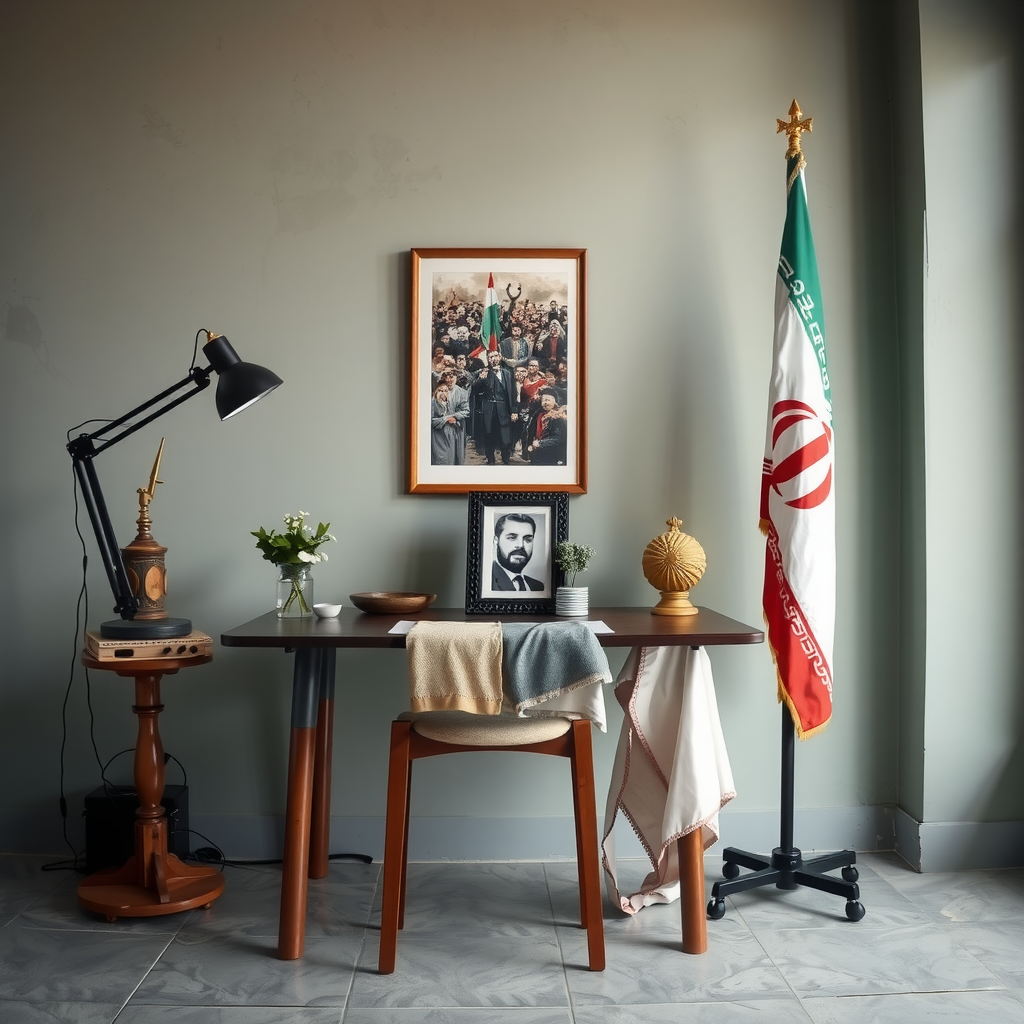 A studio with a table, a picture, and flags.