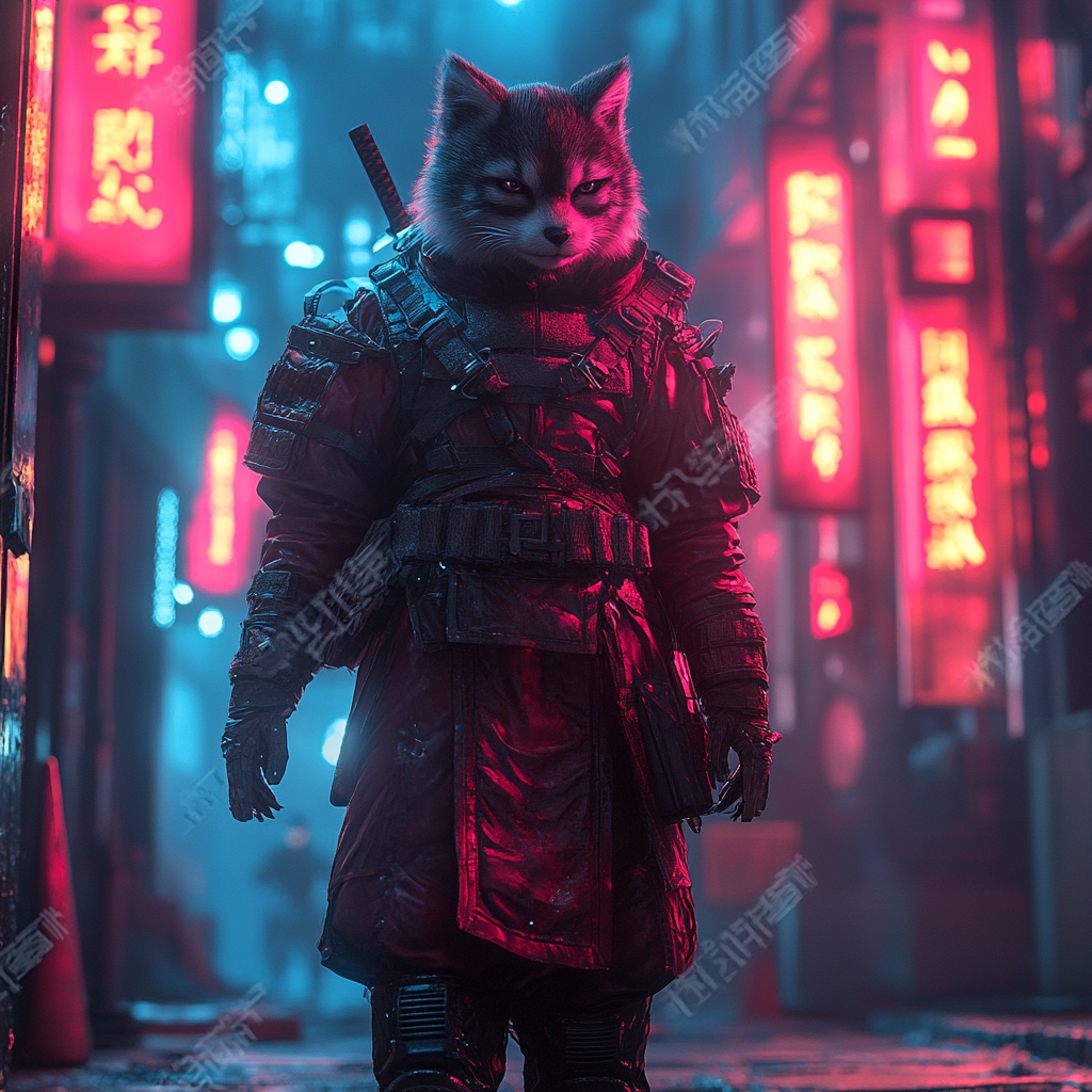 A stunning photo of a kitsune in neon city