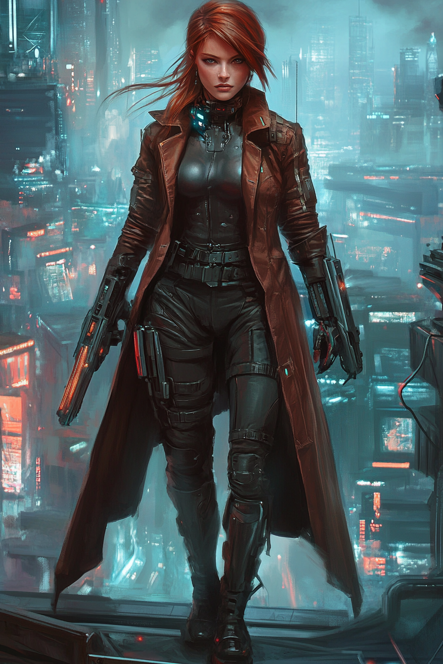 A stylish female cyberpunk decker in future city.