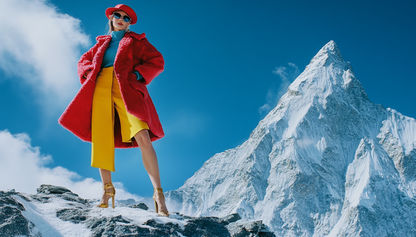 A stylish female lawyer standing on Mount Everest