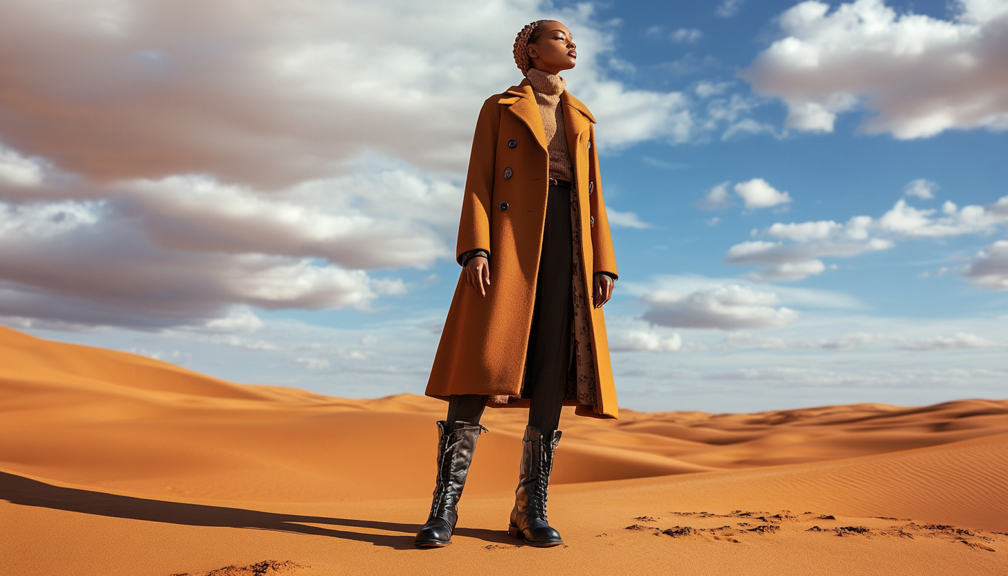 A stylish lawyer in wintercoat poses in desert