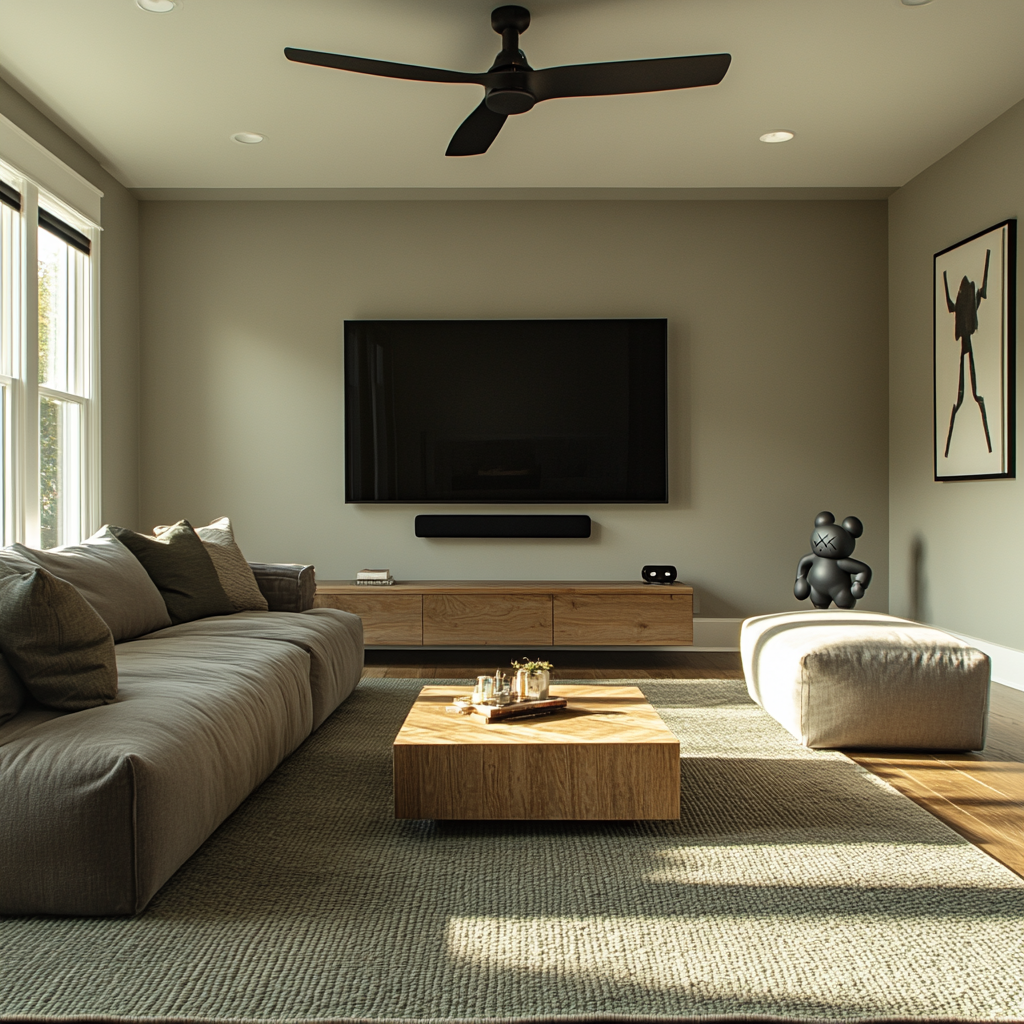 A stylish living room with high ceilings and art