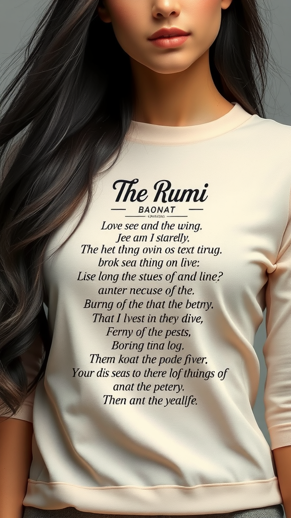 A stylish women's shirt featuring Rumi's poetry.