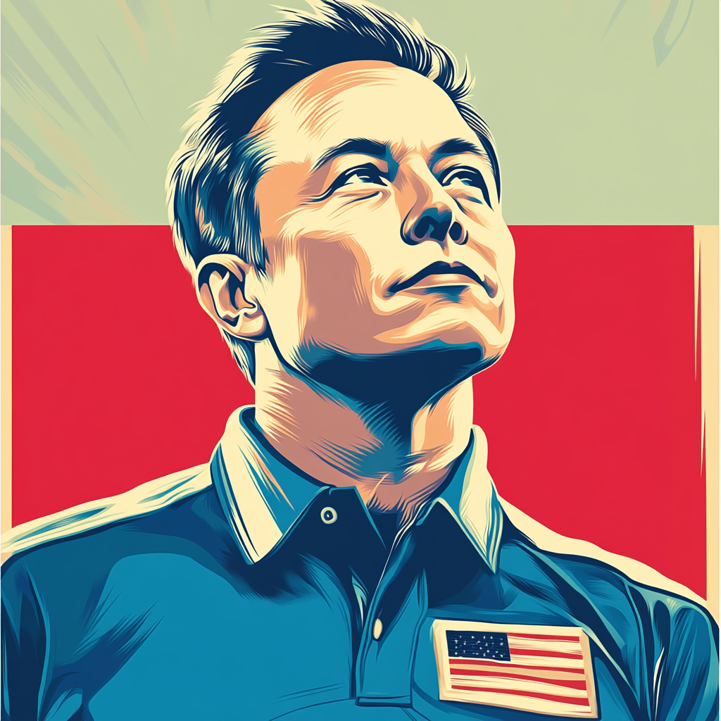 A stylized portrait of Elon Musk in USPS uniform