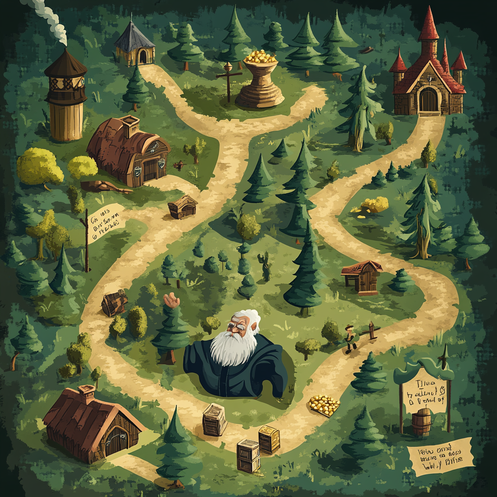 A stylized treasure map with forest, village, wise man