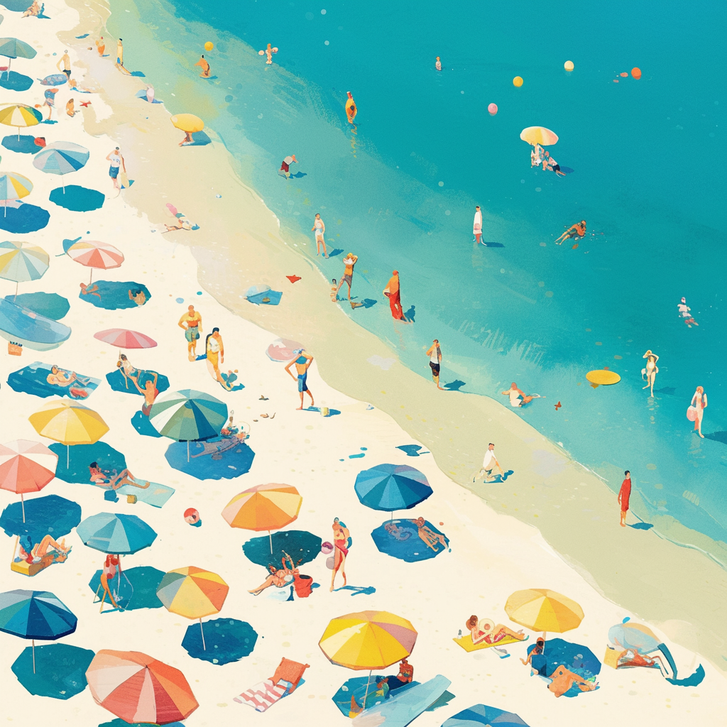 A sunny beach day with colorful umbrellas