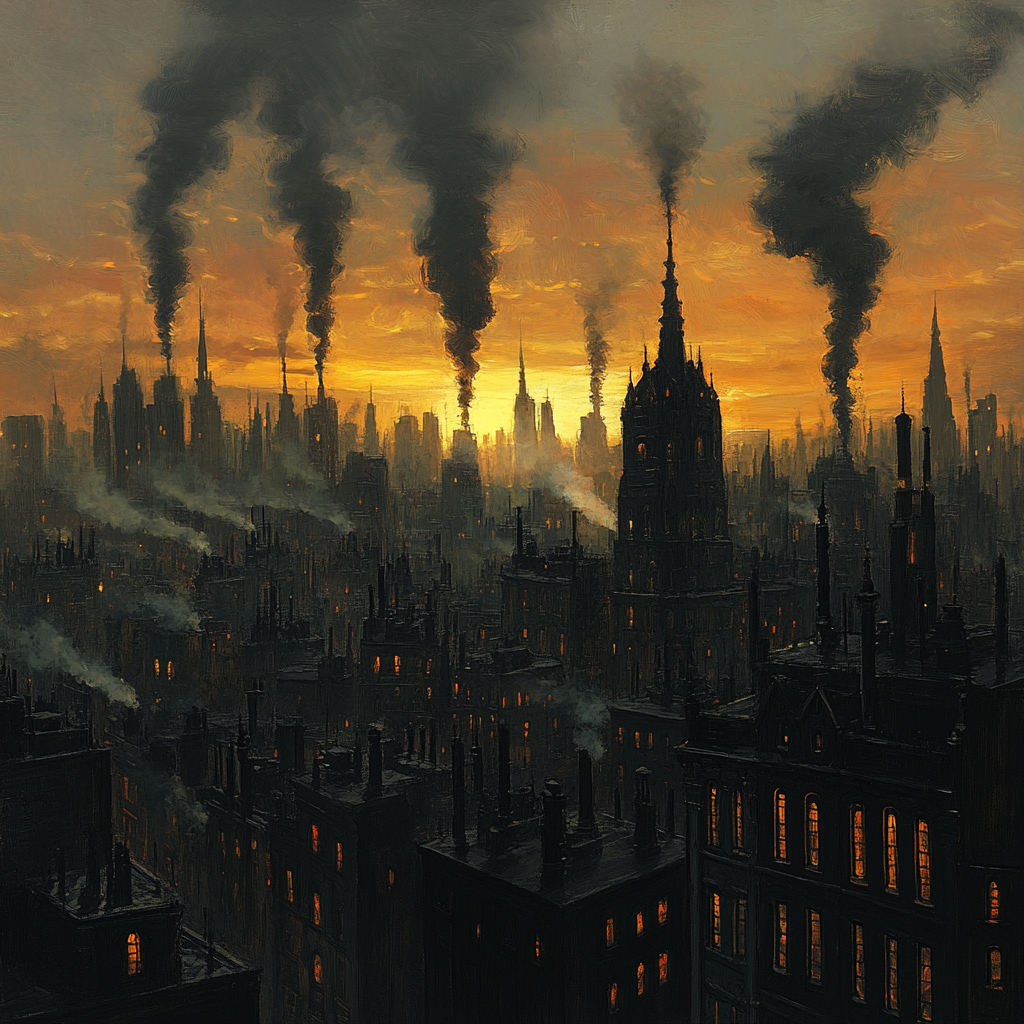 A sunset over city, tall towers, smoke trails.