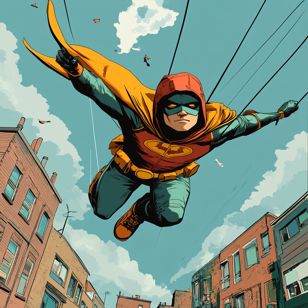 A superhero in hoody flies over ghetto