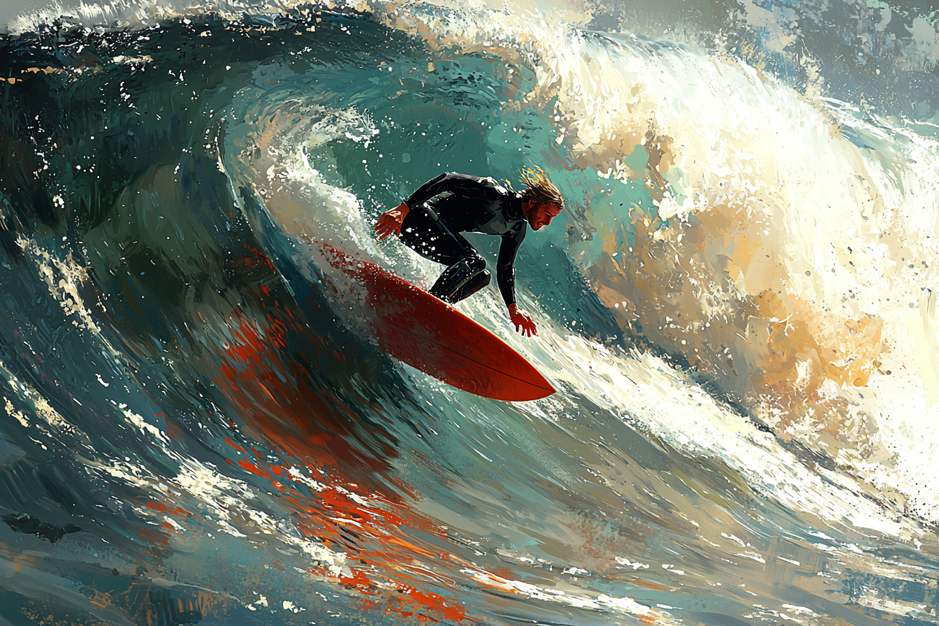 A surfer in black riding bright red wave.