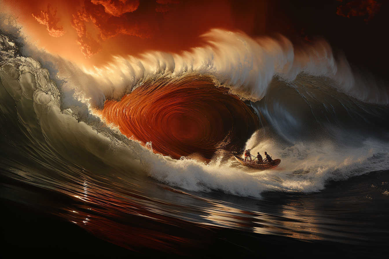 A surfer on big wave wearing black wet suit.