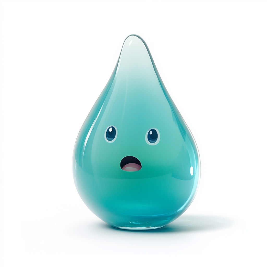 A surprised water drop cartoon on white background.