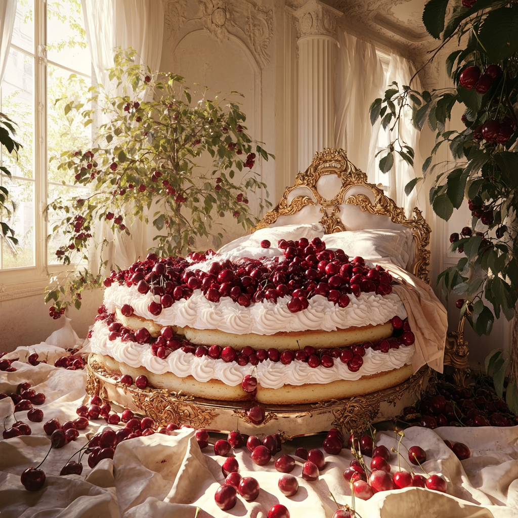 A surreal bedroom with elaborate cake-like bedspread.