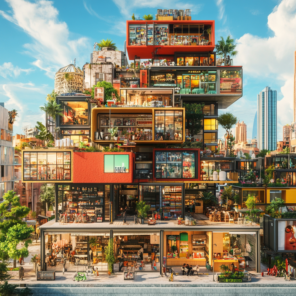 A surreal cityscape with a modern condo