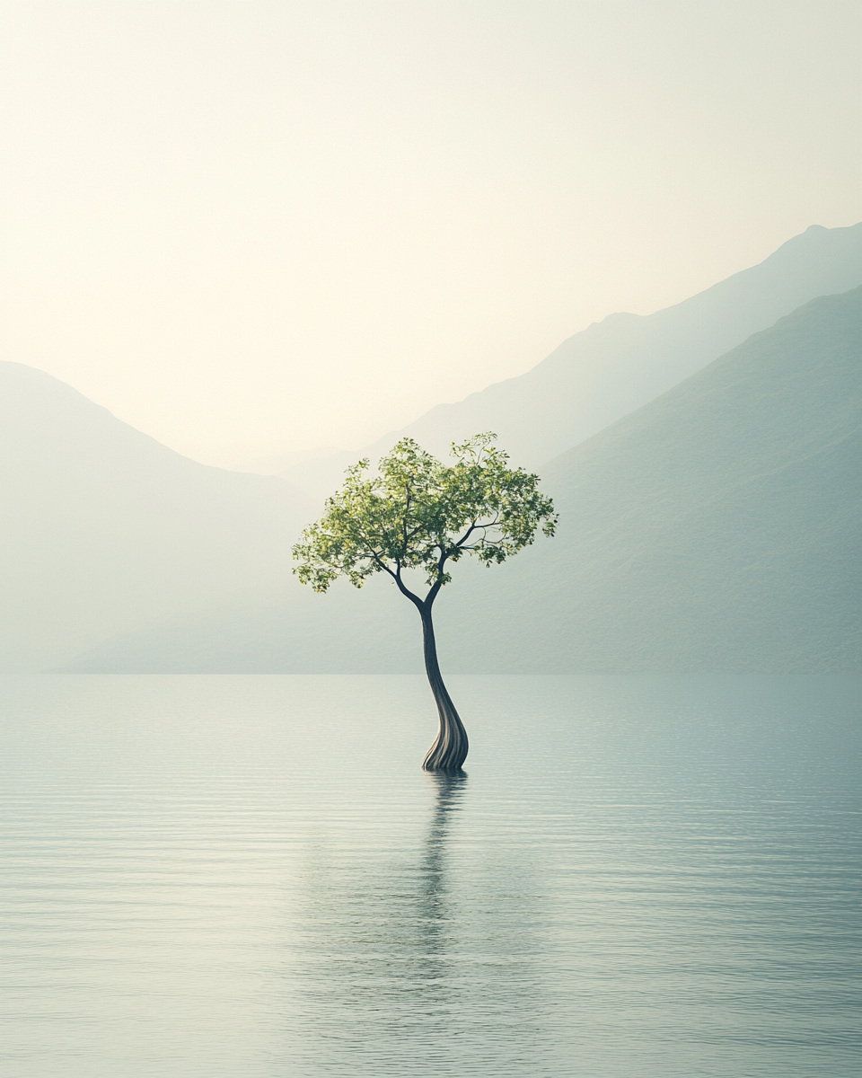 A surreal tree in the middle of a lake