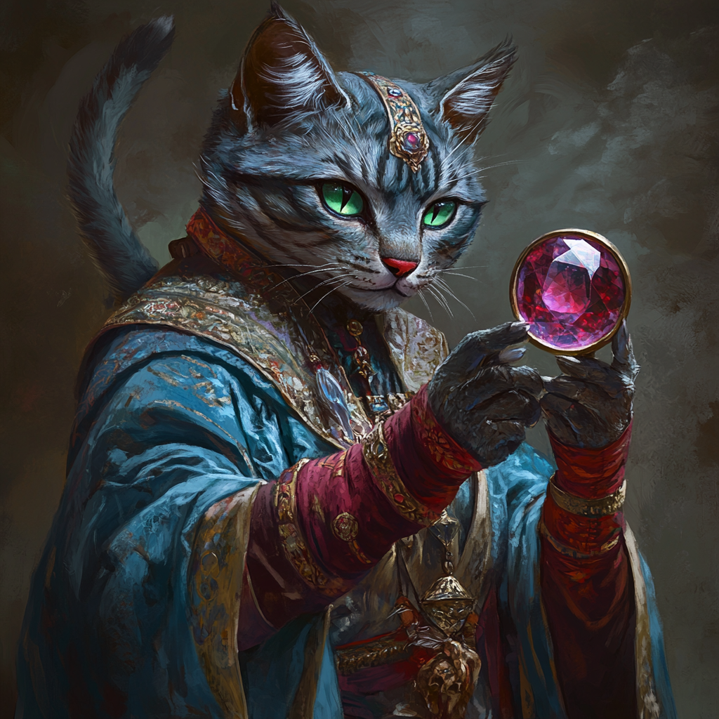 A tabaxi examining large ruby with magnifying glass.