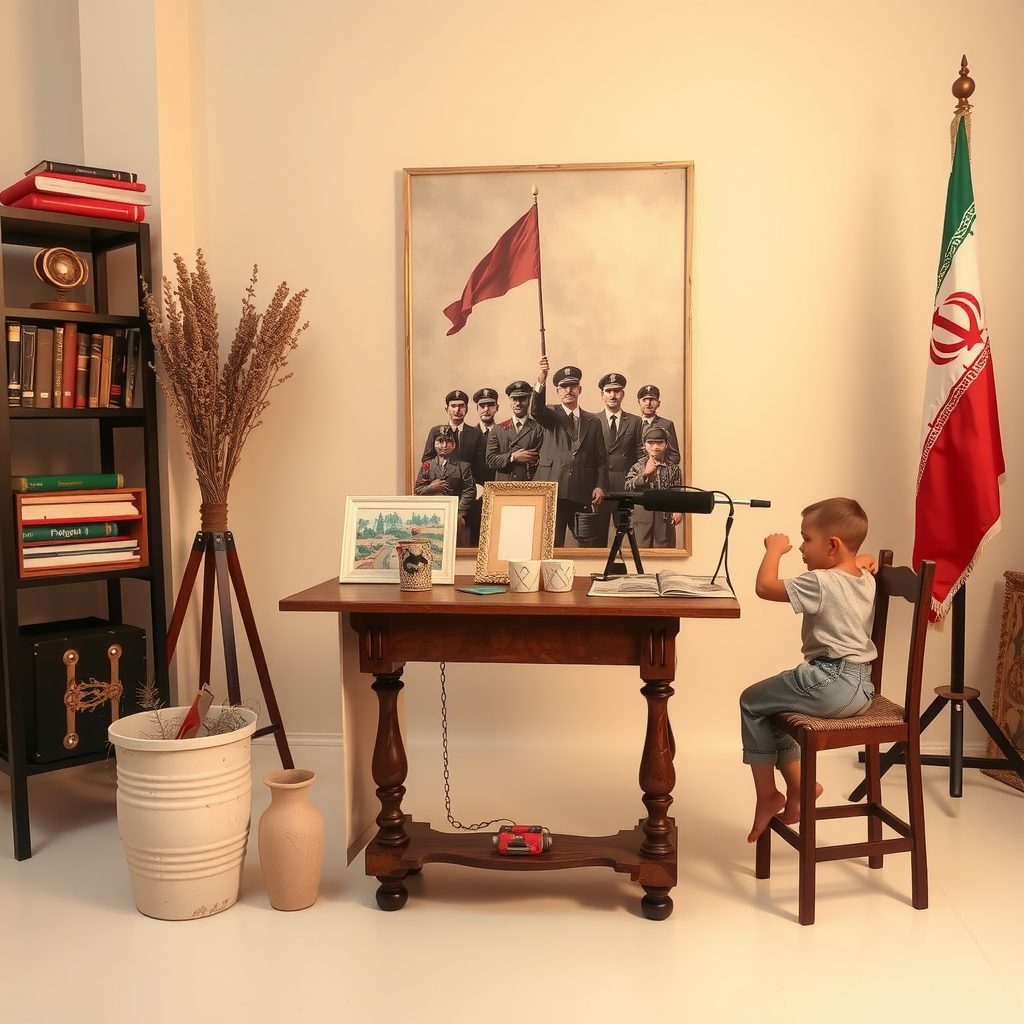 A table, a picture, a child, flags in studio.