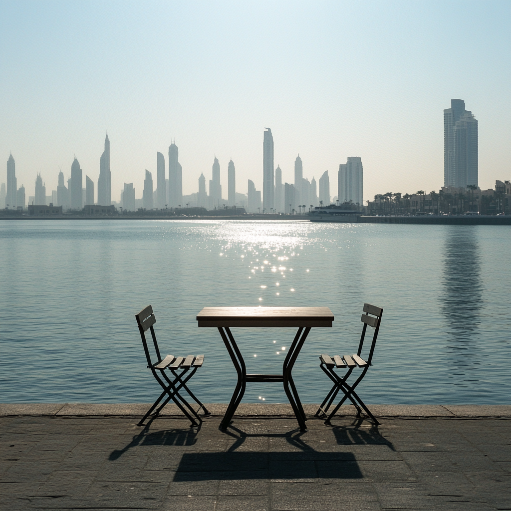 A table near Dubai's waterfront under sunlight