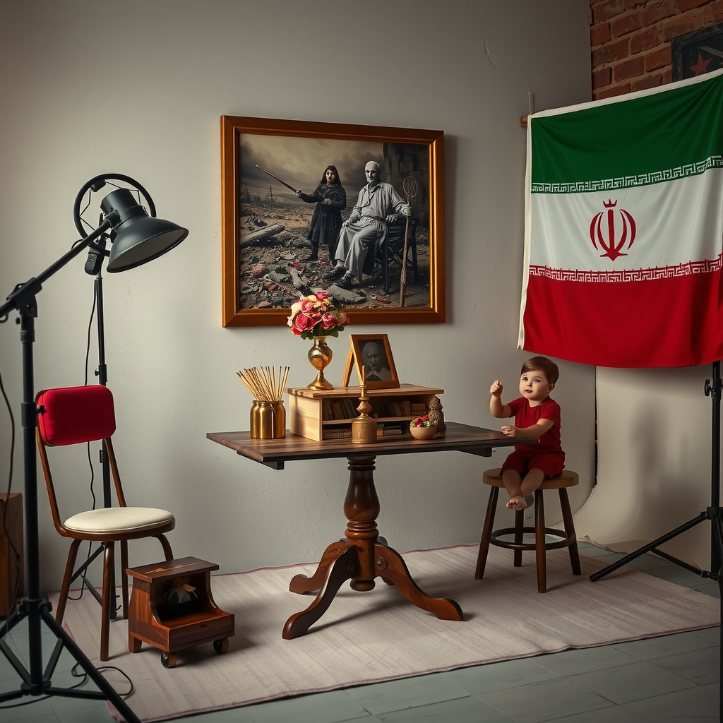 A table with a martyrdom picture and flags.