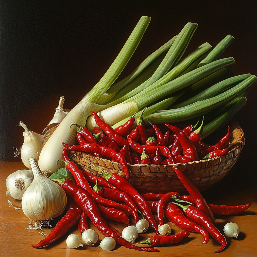 A table with colorful vegetables and bright light