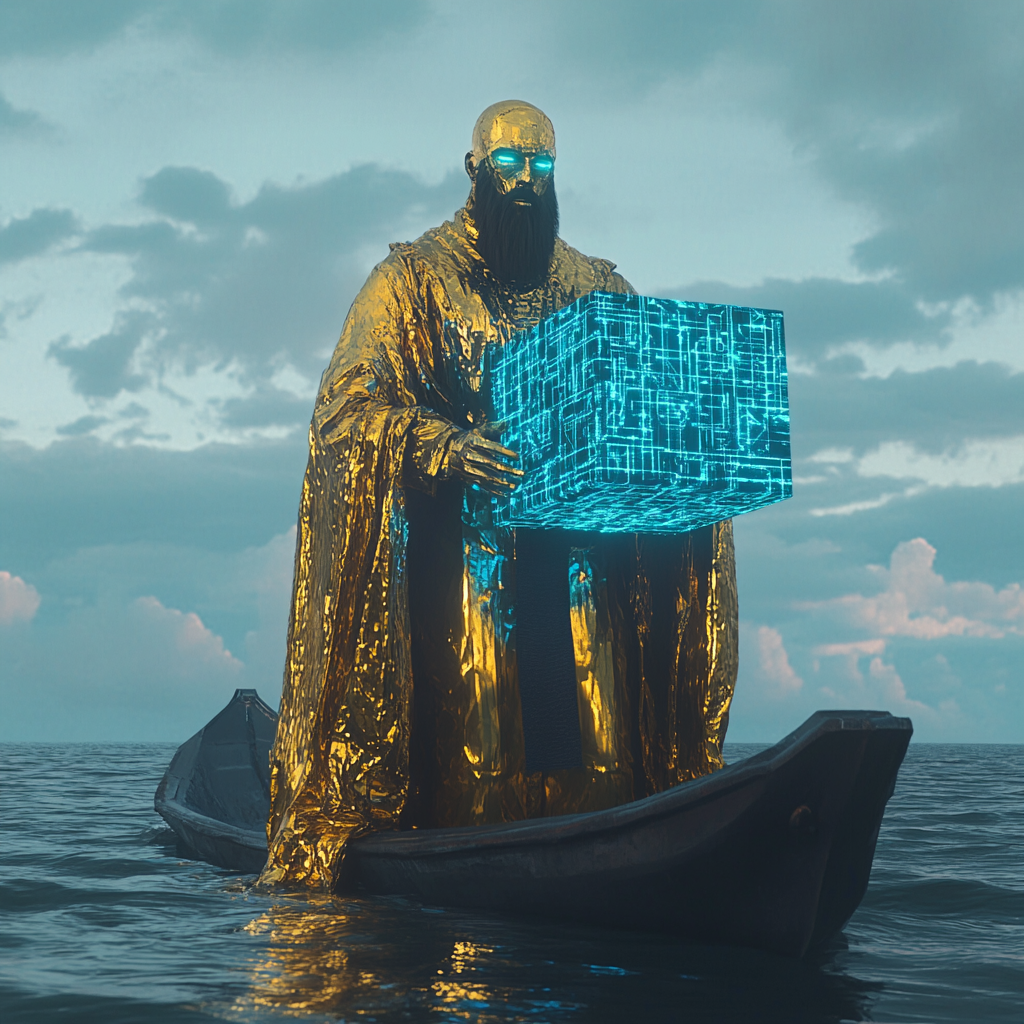 A tall, gold man in cyberpunk outfit floats.