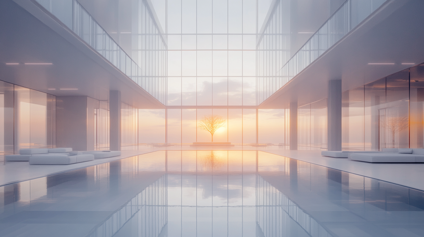 A tall, shiny white building with glass lobby