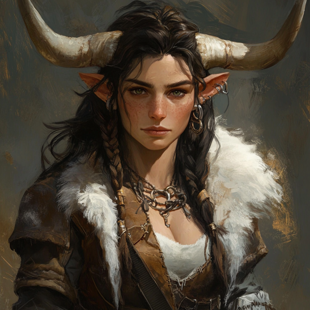 A tall, unique female barbarian with cow skin.