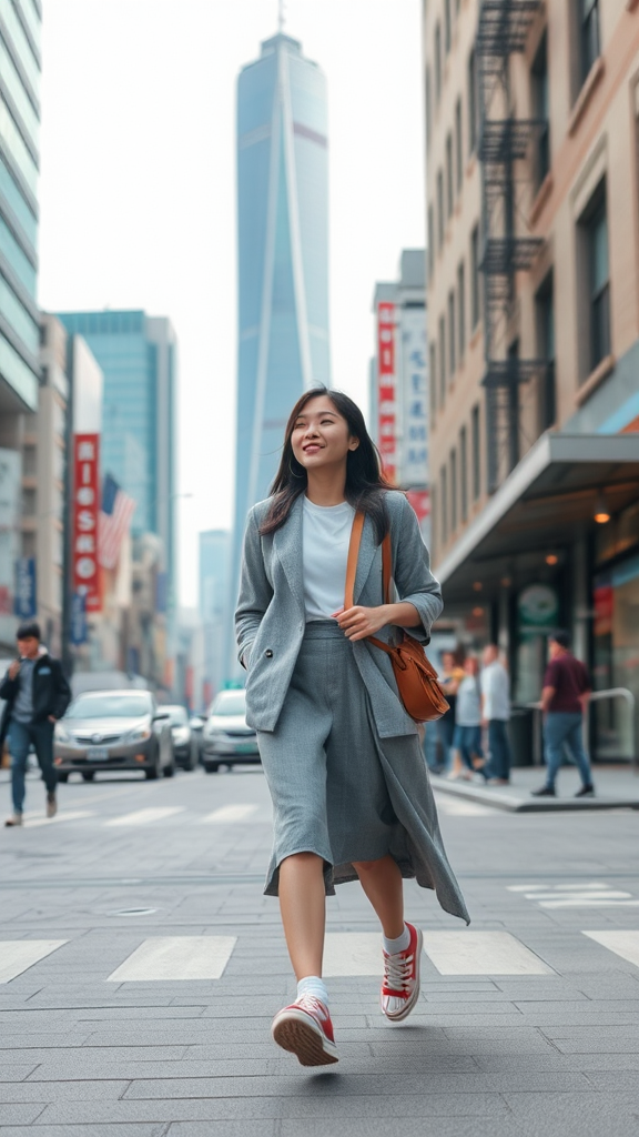 A tall Korean girl walking in the city.