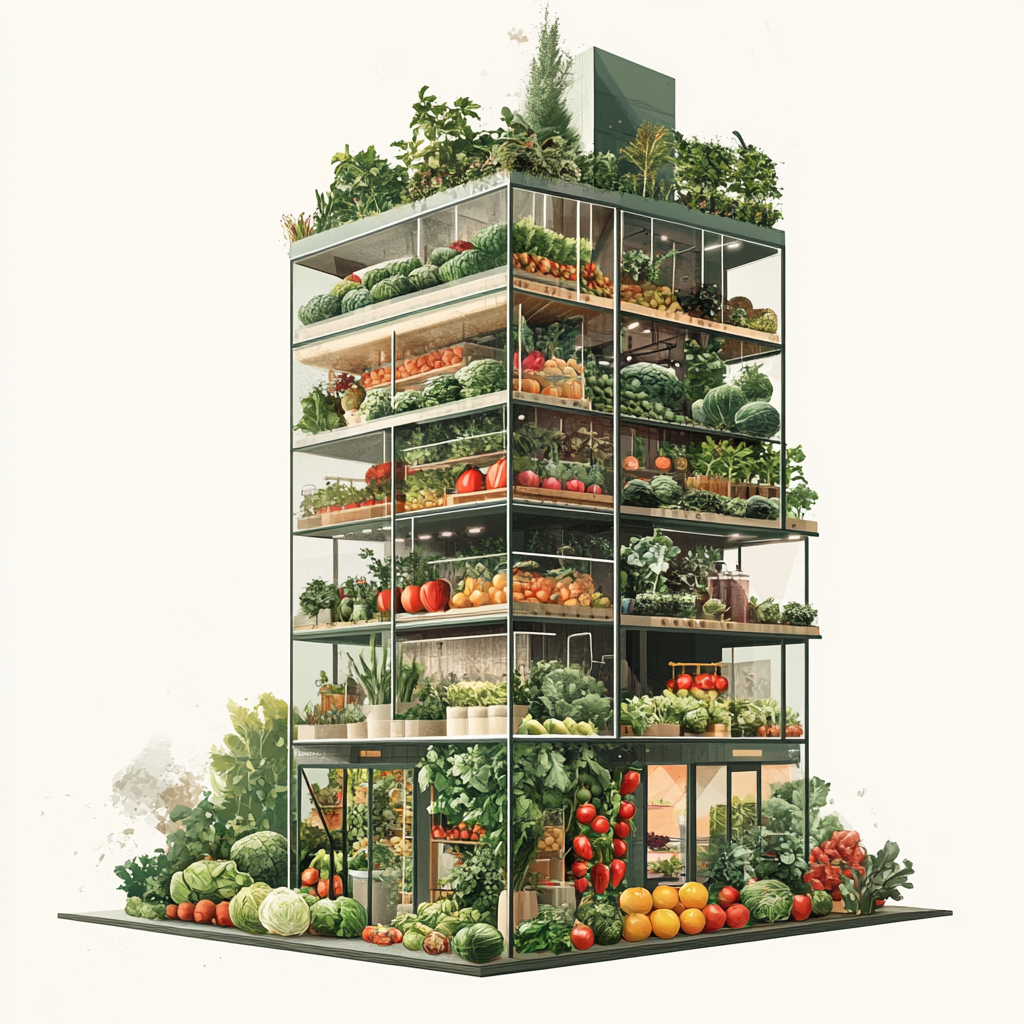 A tall building with a garden inside