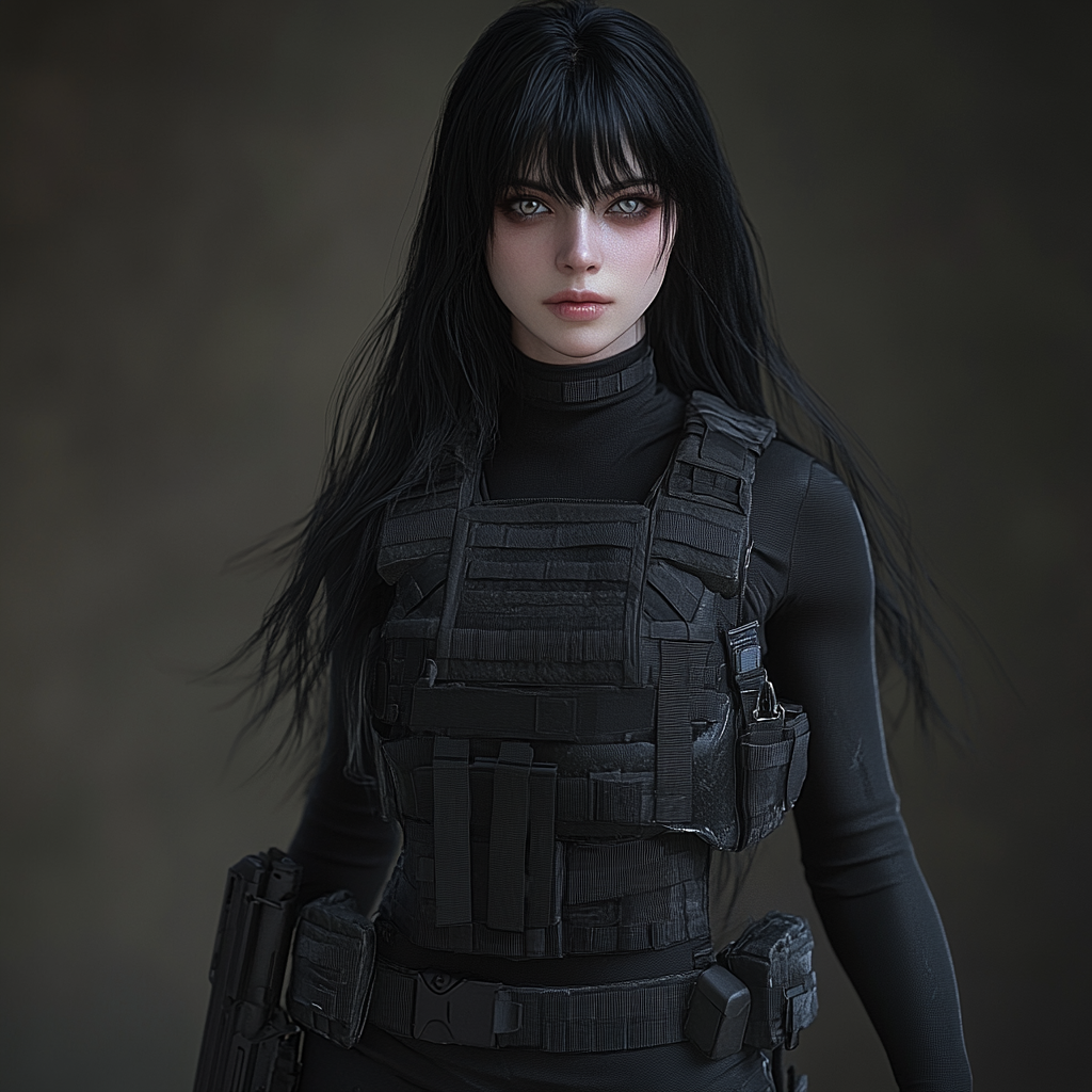 A tall female vampire in black combat gear.