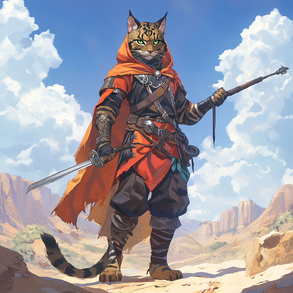 A tall male tabaxi rogue wearing ornate armor.