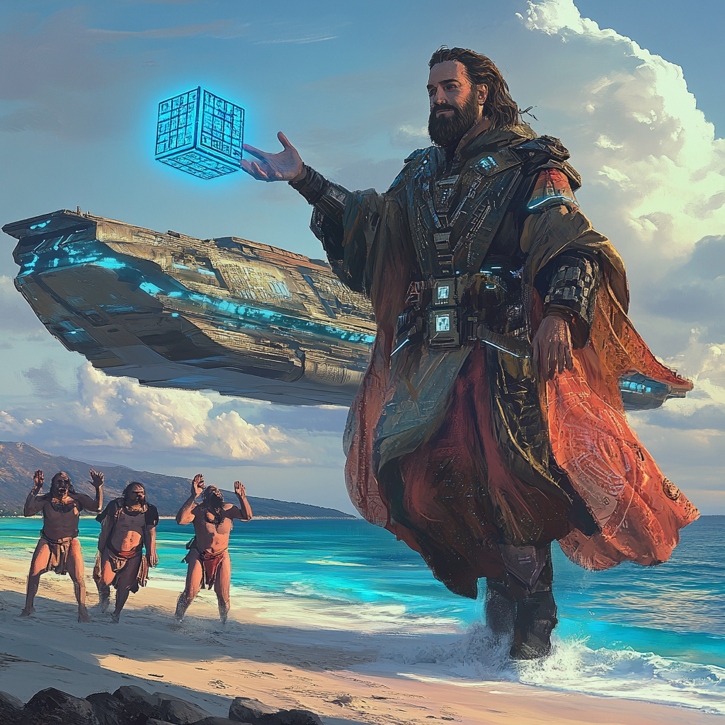 A tall man in futuristic robes rides ship.