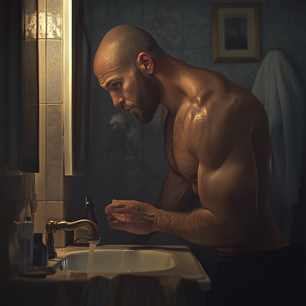 A tall man with broad shoulders looking into sink.