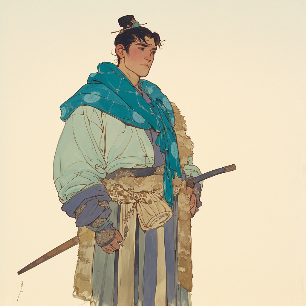 A tall young man in blue scarf and robe.