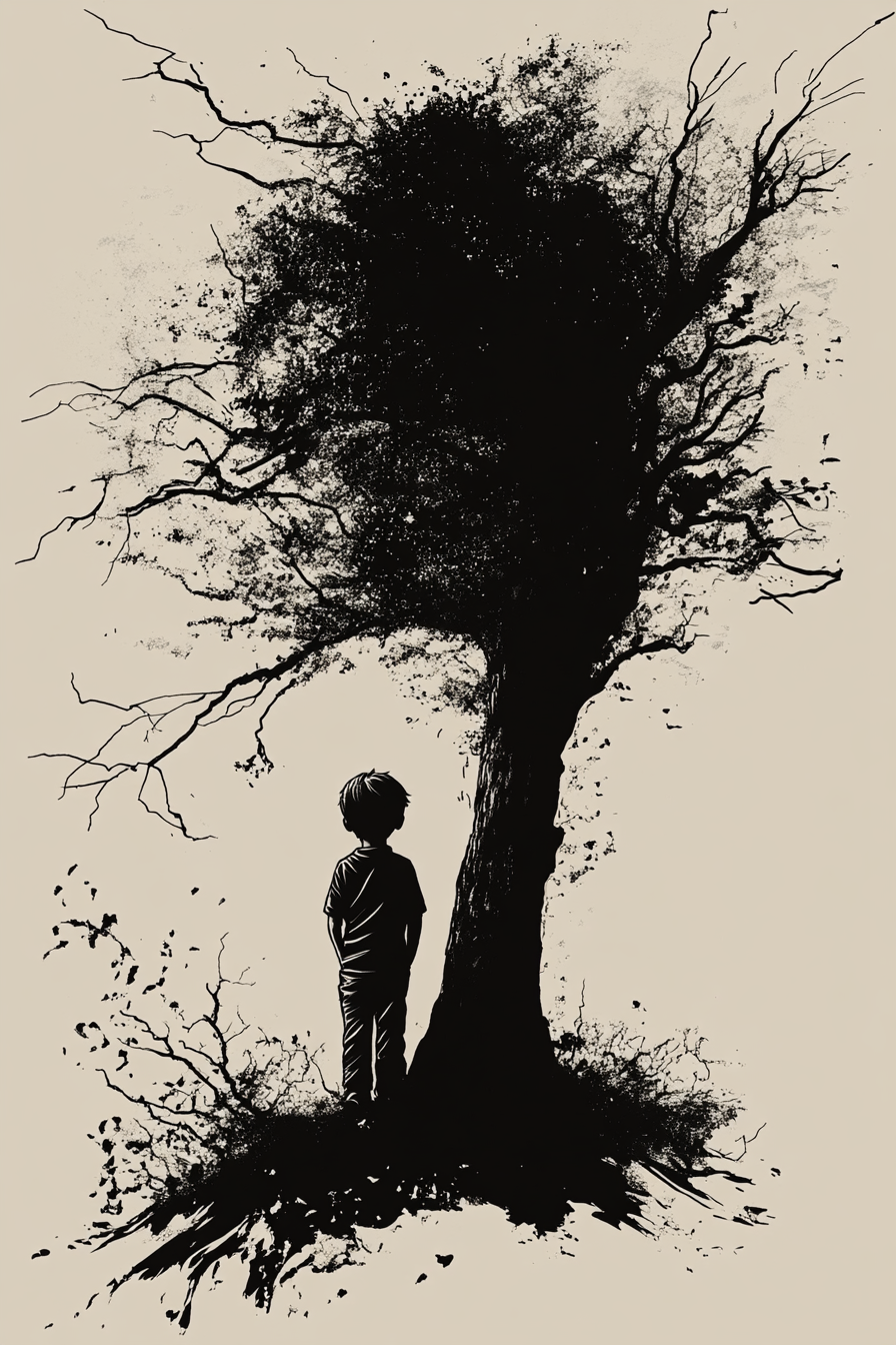 A tattoo design of a boy and tree.