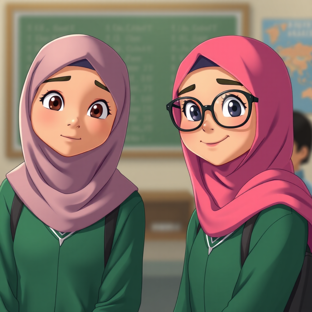 A teacher and students in hijab at school.