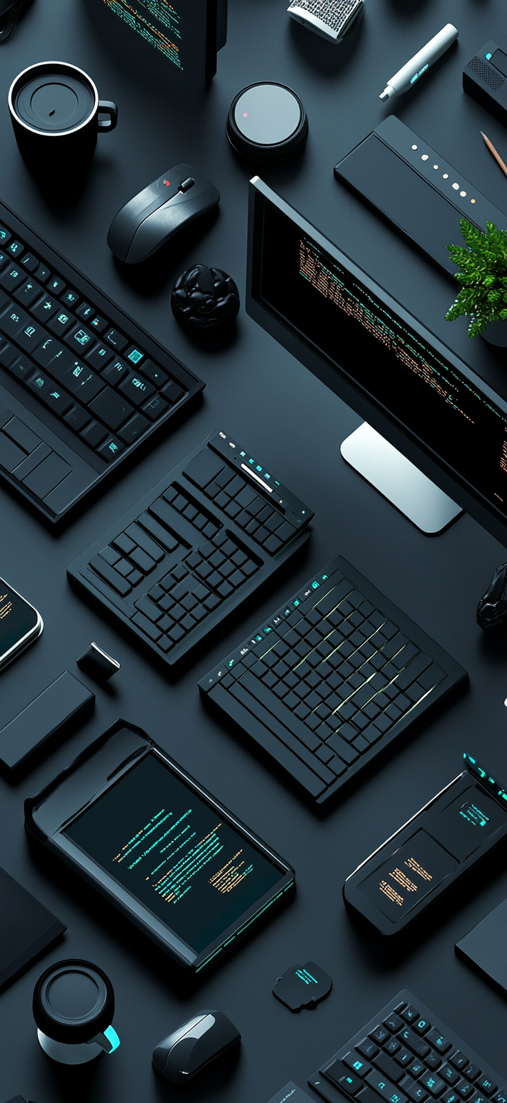 A tech-themed flat lay with computer icons