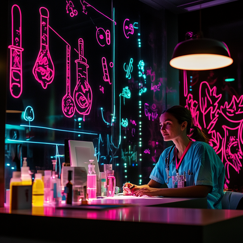 A technician in scrubs behind a manager's desk.