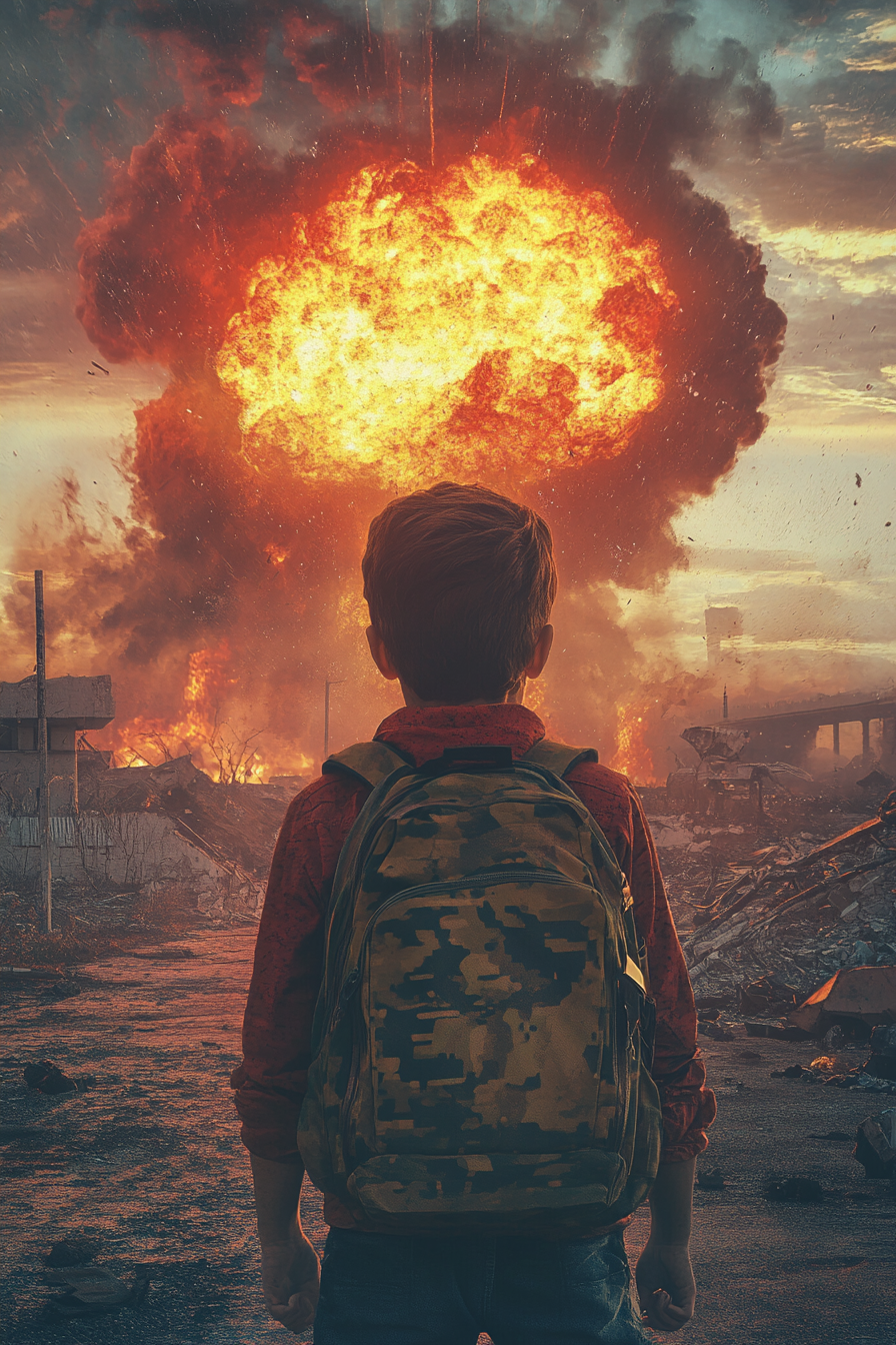 A teenage boy in post-apocalyptic nuclear scene