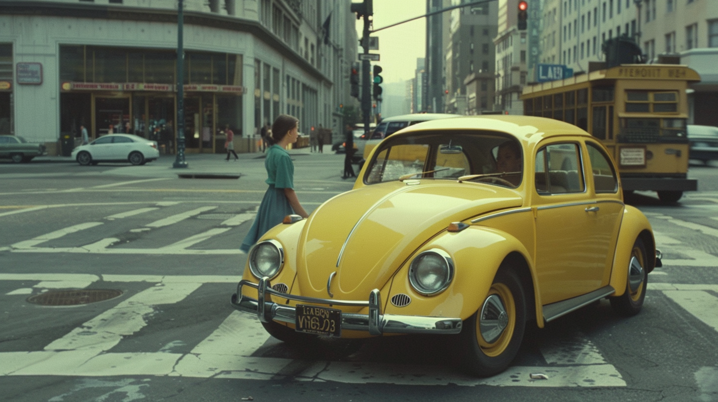 A teenage girl driver in vintage yellow VW.