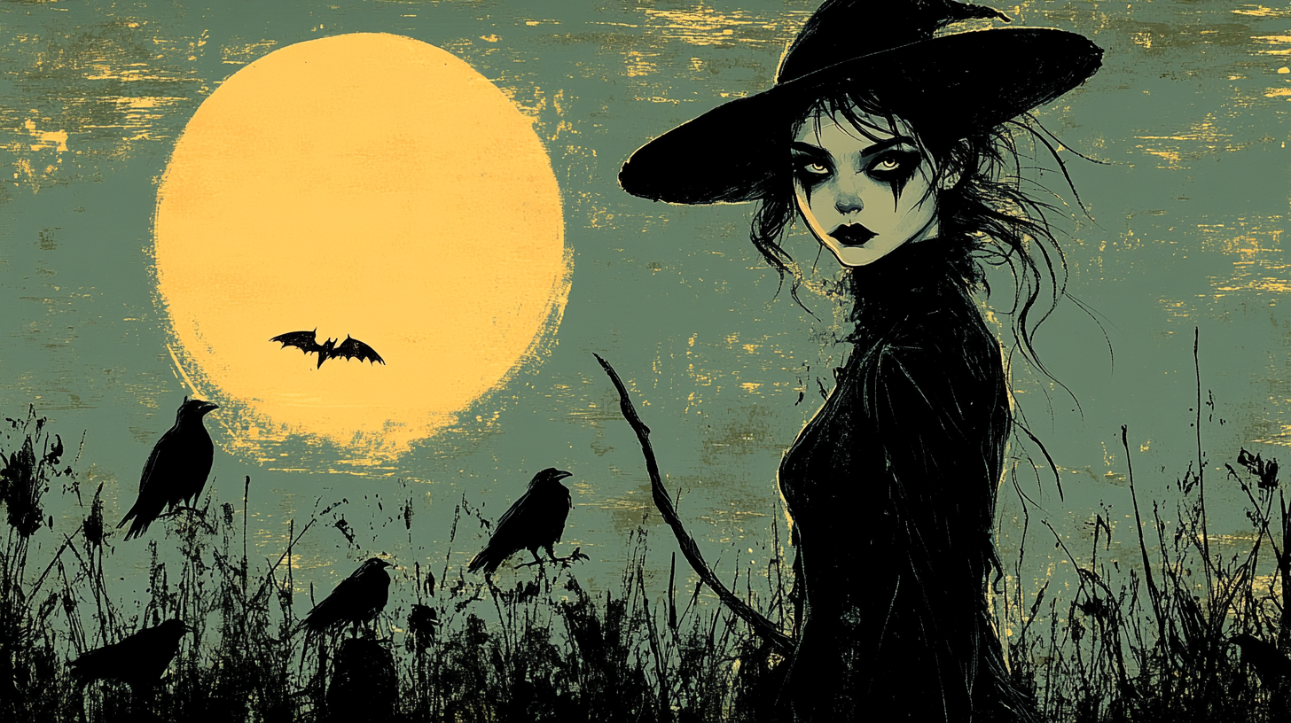 A teenage witch with black crows at night